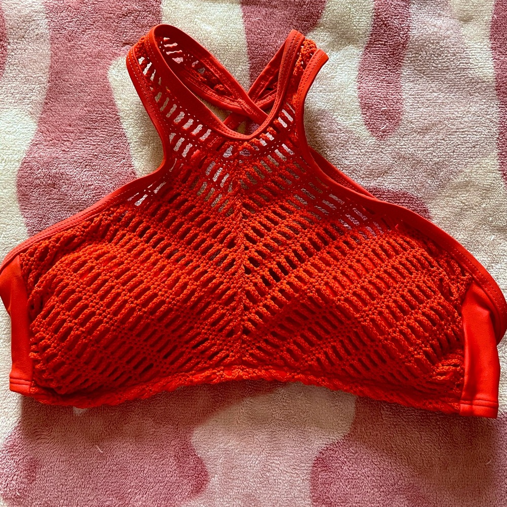Orange Crochet High Neck Bikini Top